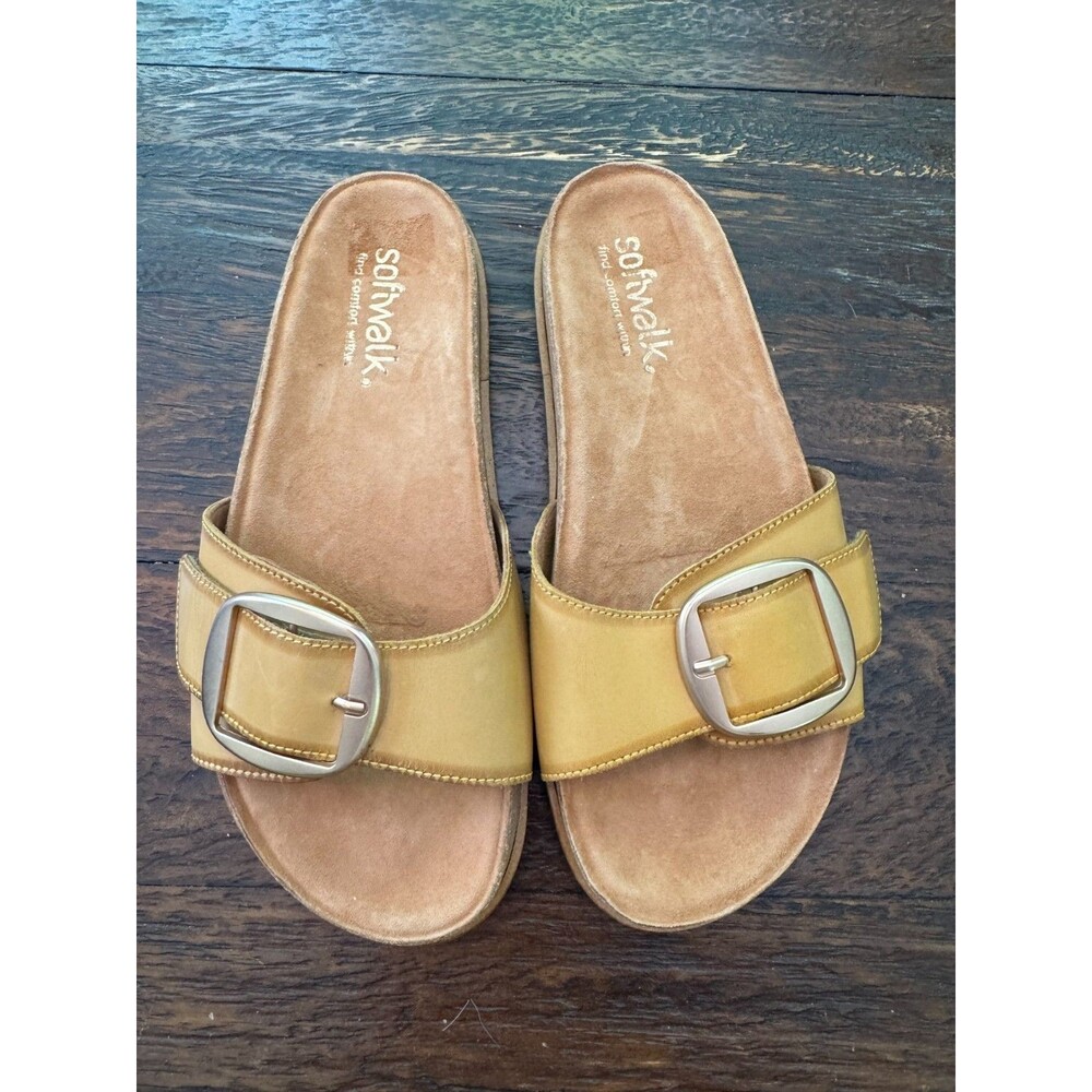 SoftWalk Una Slide Sandals Mustard Gold Leather Buckle Comfort Slides Women's 8